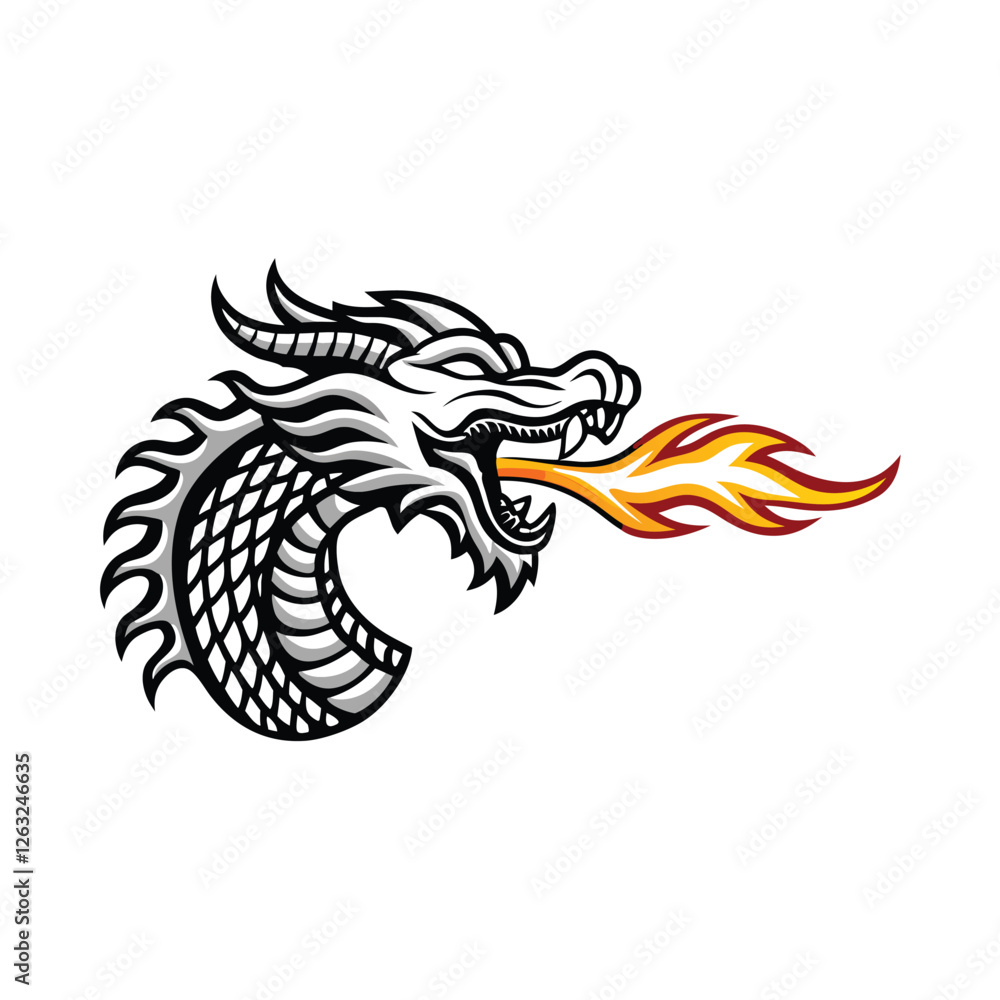 Poster create a scalable vector graphic of a majestic dragon breathing vibrant flames, with editable stroke