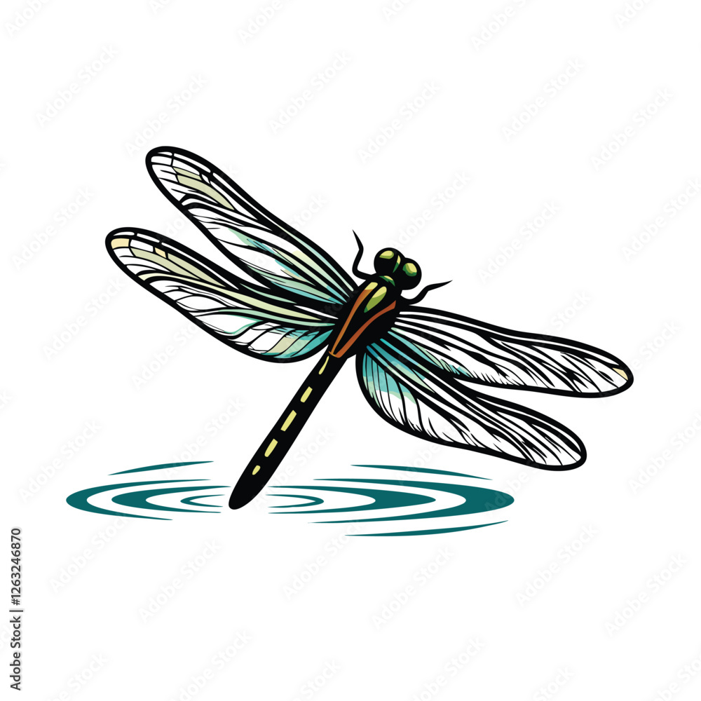 Poster create a detailed vector illustration of a dragonfly in flight, with editable strokes, showcasing in