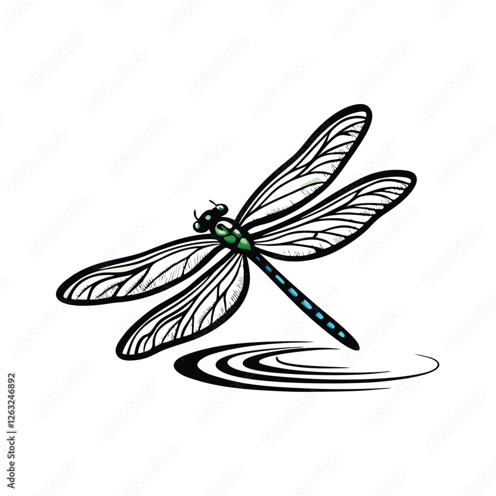Poster create a high-quality, editable stroke vector graphic of a dragonfly in flight, hovering over a vibr