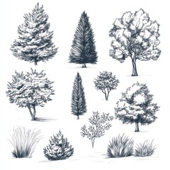 Fototapeta premium Hand Drawn Illustrations Of Various Trees And Plants
