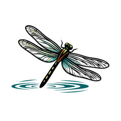 Create a detailed vector illustration of a dragonfly in flight, with editable strokes, showcasing intricate wing details and a vibrant color palette.  Hovering position emphasized.