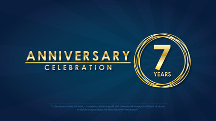 7th years anniversary celebration emblem. elegant golden anniversary logo isolated with ring on dark blue background. vector illustration template