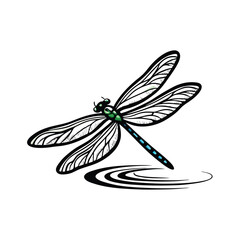 Create a high-quality, editable stroke vector graphic of a dragonfly in flight, hovering over a vibrant, detailed background.