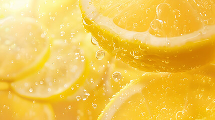 Freshly sliced lemons splashing in water, creating a refreshing atmosphere with bubbles