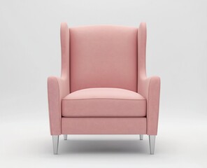 Pink velvet armchair with wingback design and silver legs, isolated on white background.