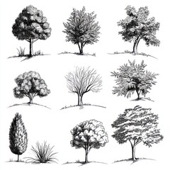 Fototapeta premium Collection Of Hand Drawn Black And White Trees