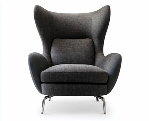 Modern gray upholstered wingback armchair on metallic legs.