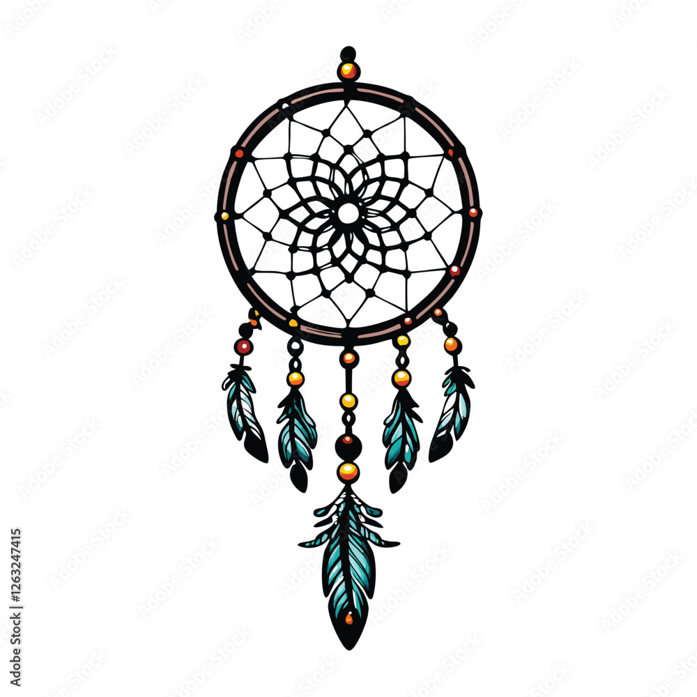 Poster create a detailed vector illustration of a dreamcatcher with intricate detailing, featuring editable