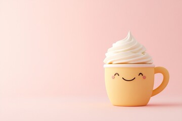 Happy mug with whipped cream on pink background. (1)