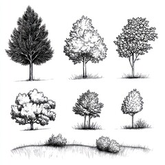 Fototapeta premium Black Ink Drawings Of Various Tree Types And Sizes