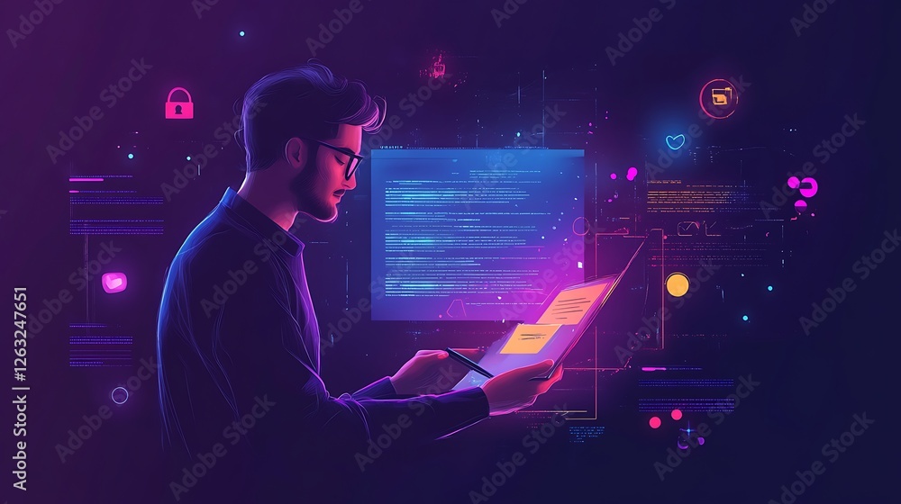 Poster man digitally signing document on tablet with futuristic interface.
