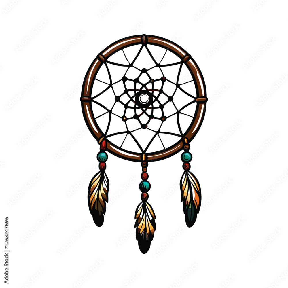 Poster create a detailed vector illustration of a dreamcatcher, featuring intricate detailing and an editab