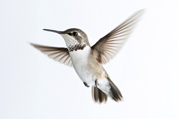 Hummingbird in flight against a white background.