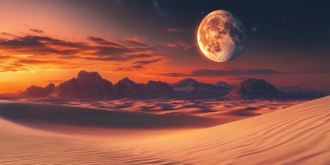 Desert Sunset with Giant Moon: A Surreal Landscape