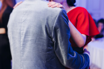 High school graduates dancing on prom, waltz and classical ball slow dance in dresses and suits on school graduation party, boys and girls ballroom dancers, couples dance quadrille and polonaise