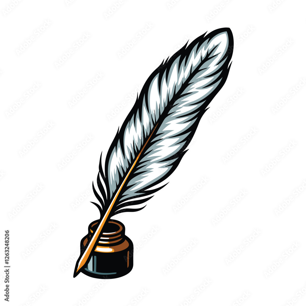 Poster create a highly detailed, editable vector illustration of a classic feather quill pen with an inkpot