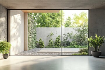 Fototapeta premium Modern loft empty room with open door to garden 3d render. Room. has concrete and wooden plank wall, panoramic window.