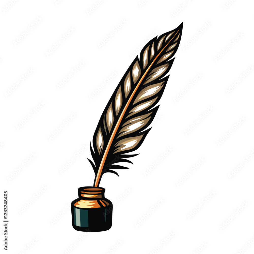 Poster create a high-resolution, editable stroke vector graphic of a classic feather quill pen with an inkp