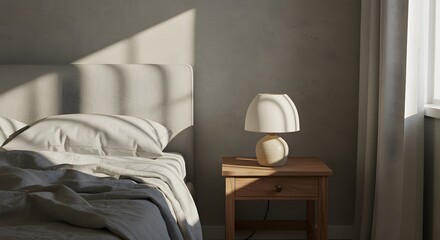 Bedroom Interior with Morning Sunlight and Minimalist Lamp on Nightstand