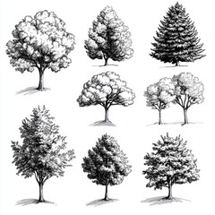 Fototapeta premium Detailed Ink Drawings of Various Tree Species