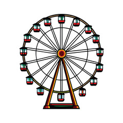 Obraz premium Create a detailed, editable stroke vector graphic of a Ferris wheel with passenger cabins, suitable for animation or print. Include realistic details.