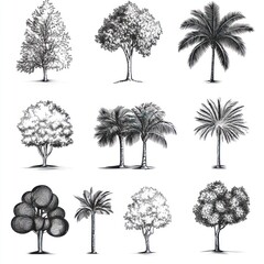 Fototapeta premium Collection Of Hand Drawn Trees And Palm Trees