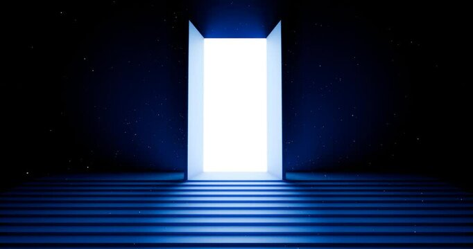 bright white light appears in a dark room with steps after opening the double door. Abstract minimalist 3d animation. Entrance or exit, way out concept
