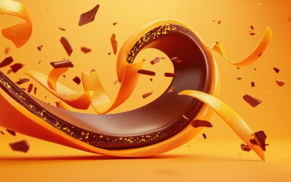 Dynamic orange chocolate swirl with citrus zest curling mid-air, pastel orange background