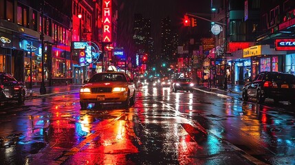 Rainy night city street scene with vibrant neon lights reflecting in puddles.