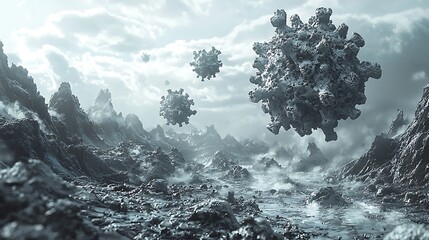 Apocalyptic Virus Landscape 3D Render of Virus Particles Over Desolate Mountains.
