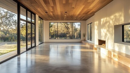 Fototapeta premium A contemporary empty room overlooking the living room beyond has concrete floors, plank ceilings and blank white walls to create space for text, allowing sunlight to enter the room