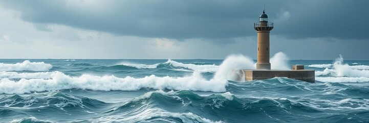 Obraz premium A dramatic lighthouse surrounded by stormy waves, water, dramatic scenery, stormy