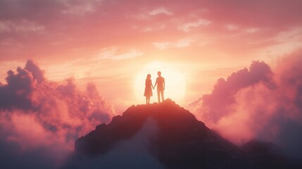 Fototapeta premium Couple silhouetted on mountaintop at sunset, holding hands.
