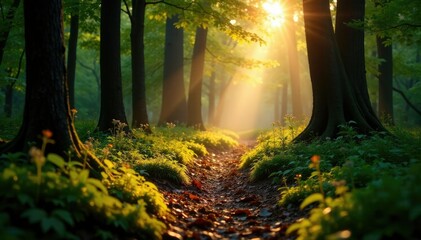 Forest floor bathed in warm sunlight dappled shade, forest, outdoorsy feel, warm tones