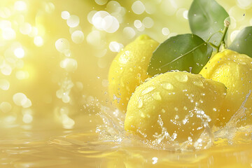 Fresh lemons splashing in water with vibrant yellow background and soft bokeh effect