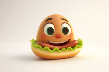 Happy cartoon hot dog character with big eyes and smile.