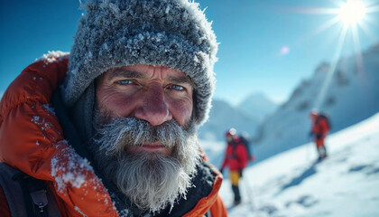 Frost-covered mountaineer at Everest summit, exuding determination and triumph.