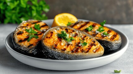 Grilled shrimp and salmon steak on a plate with lemon and herbs served for a delicious seafood meal