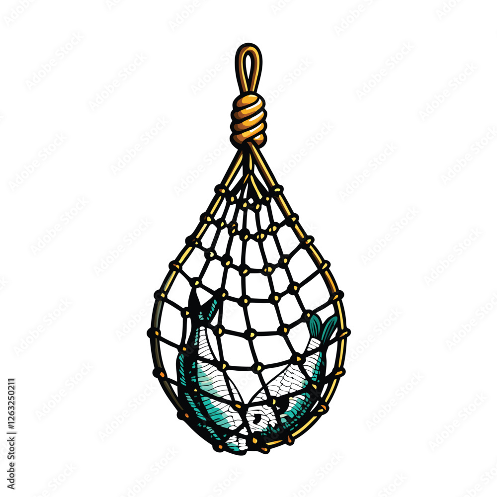 Poster create a clean, editable vector illustration of a fishing net overflowing with various types of fish