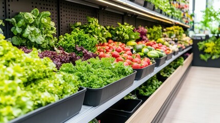 Fresh vegetables neatly arranged on grocery store shelves in vibrant and colorful display