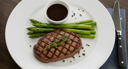 Grilled Steak Dinner with Asparagus and Red Wine Sauce