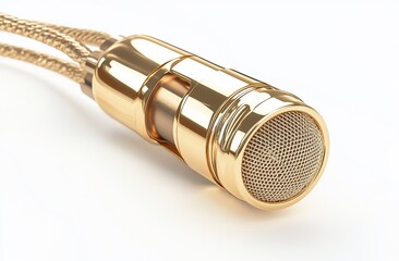 Gold metallic microphone with braided cable on white background.