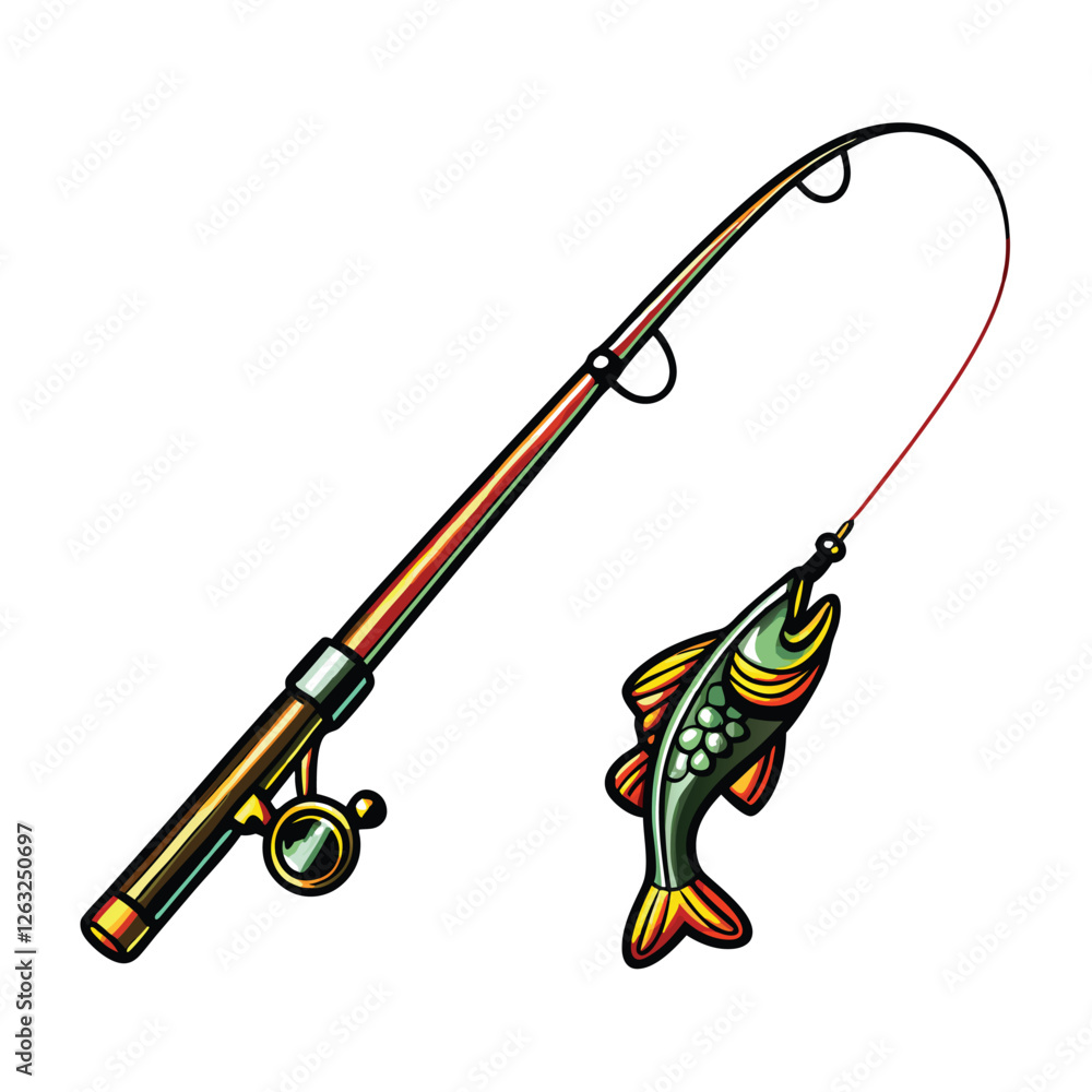 Poster create a high-resolution vector illustration of a fishing rod with a hooked fish, ready for editing,