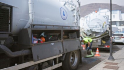 Man working near sewer tanker truck on urban street with blurred background and defocused equipment.