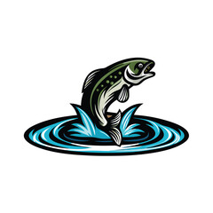 Create a vibrant, editable stroke vector graphic of a fish leaping dynamically out of water, showcasing detailed scales and fins.