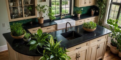 Kitchen Island with Dark Countertop and Abundant Plants