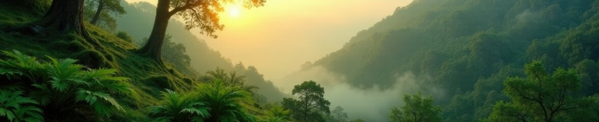 Fototapeta premium Misty dawn on a lush hillside with ferns and moss, nature, forest
