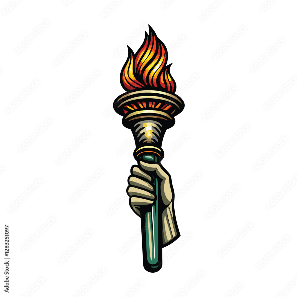 Poster create a high-resolution, editable stroke vector graphic of a flaming torch held high, emphasizing r