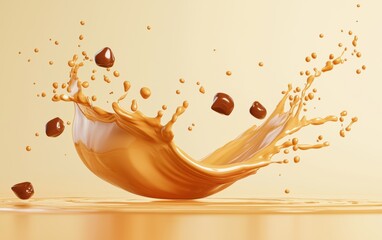Creamy hazelnut chocolate splash mid-air with elegant curves, pastel gold background