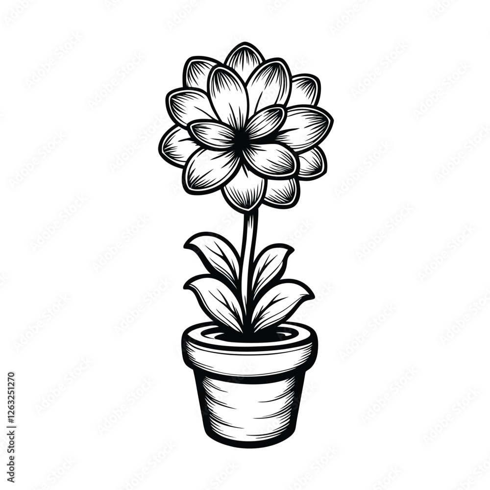 Poster create a vector illustration of a flowering plant in a pot, with editable strokes for easy customiza